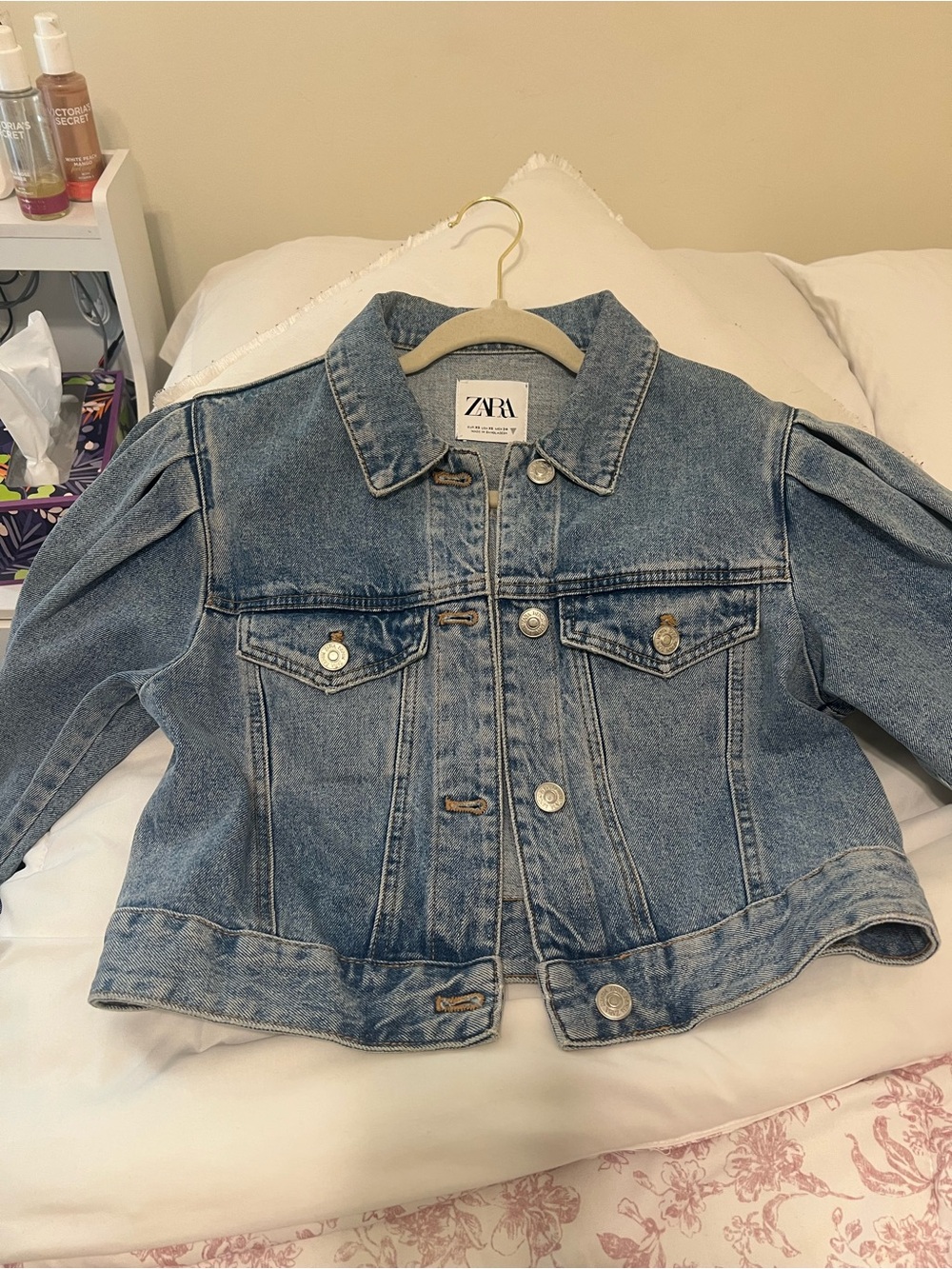 ZARA Light Blue Denim Jacket with Puff Shoulders